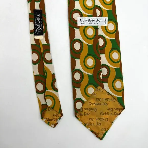 Christian Dior Vintage 60s Silk Tie Geometric Mod Circles Gold Brown Green